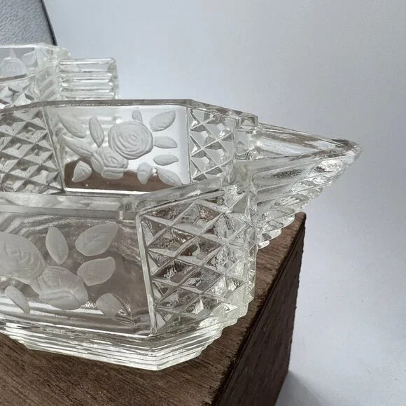 Art Deco Vintage Glass Etched Sugar Bowl Roses Floral Flowers - Picture 7 of 16